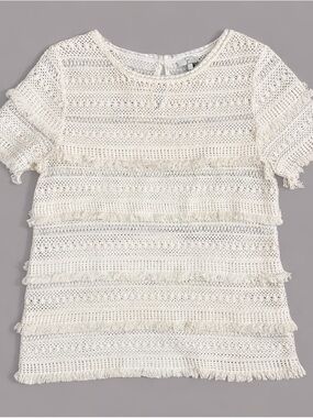 Joie Ivory Crochet Lace Fringe Top Boho Cotton Short Sleeve Blouse Medium